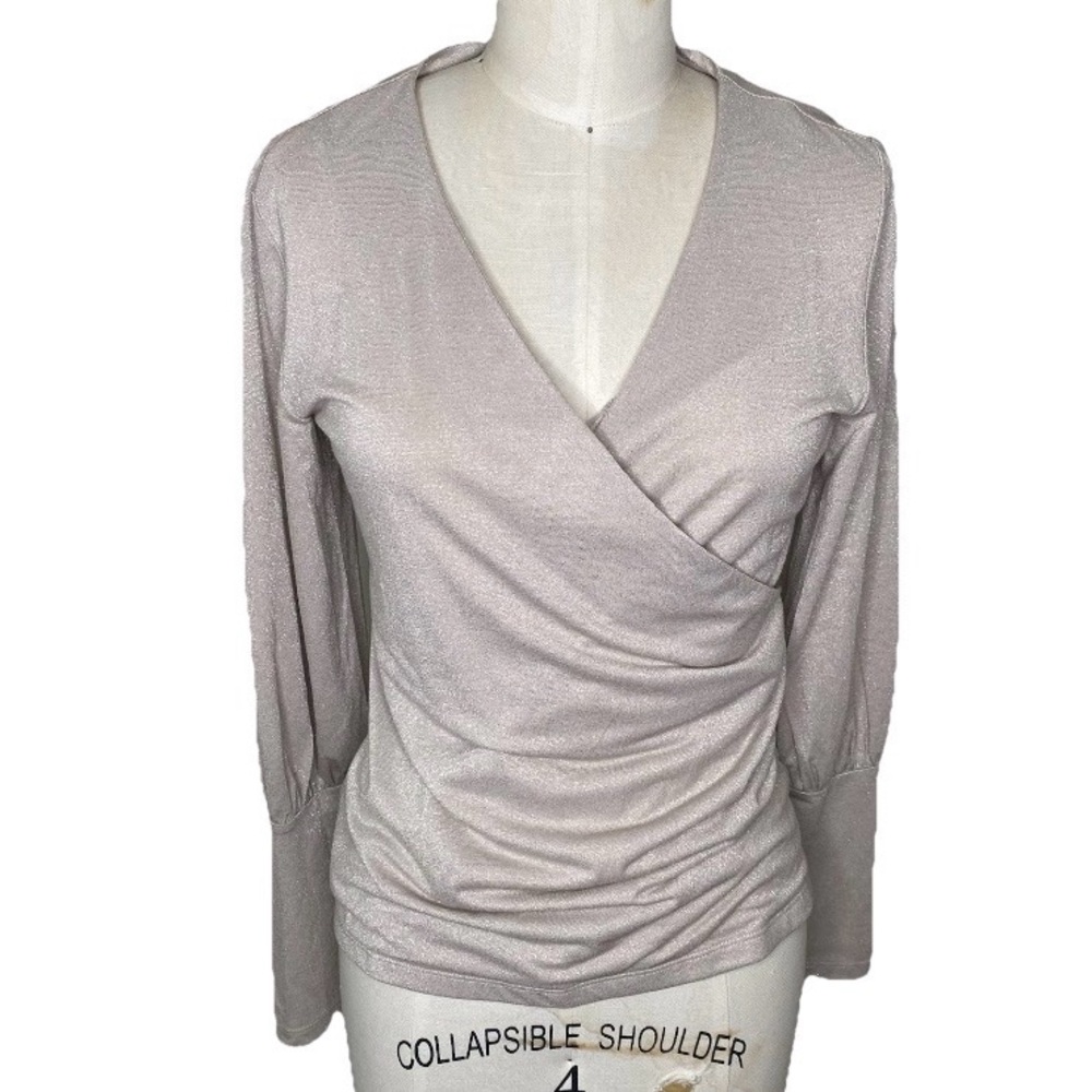 Ann Taylor Surplice Neck Ruched Waist Bishop Sleeve Shimmer Sweater XS Beige